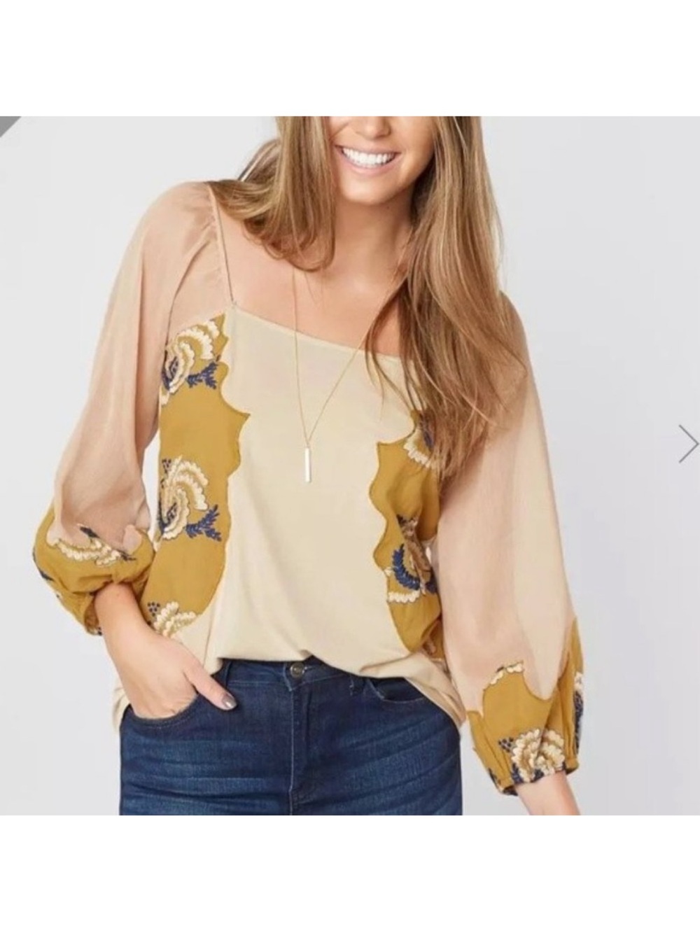 gimmicks by BKE Beige Top with Mustard Floral Panels